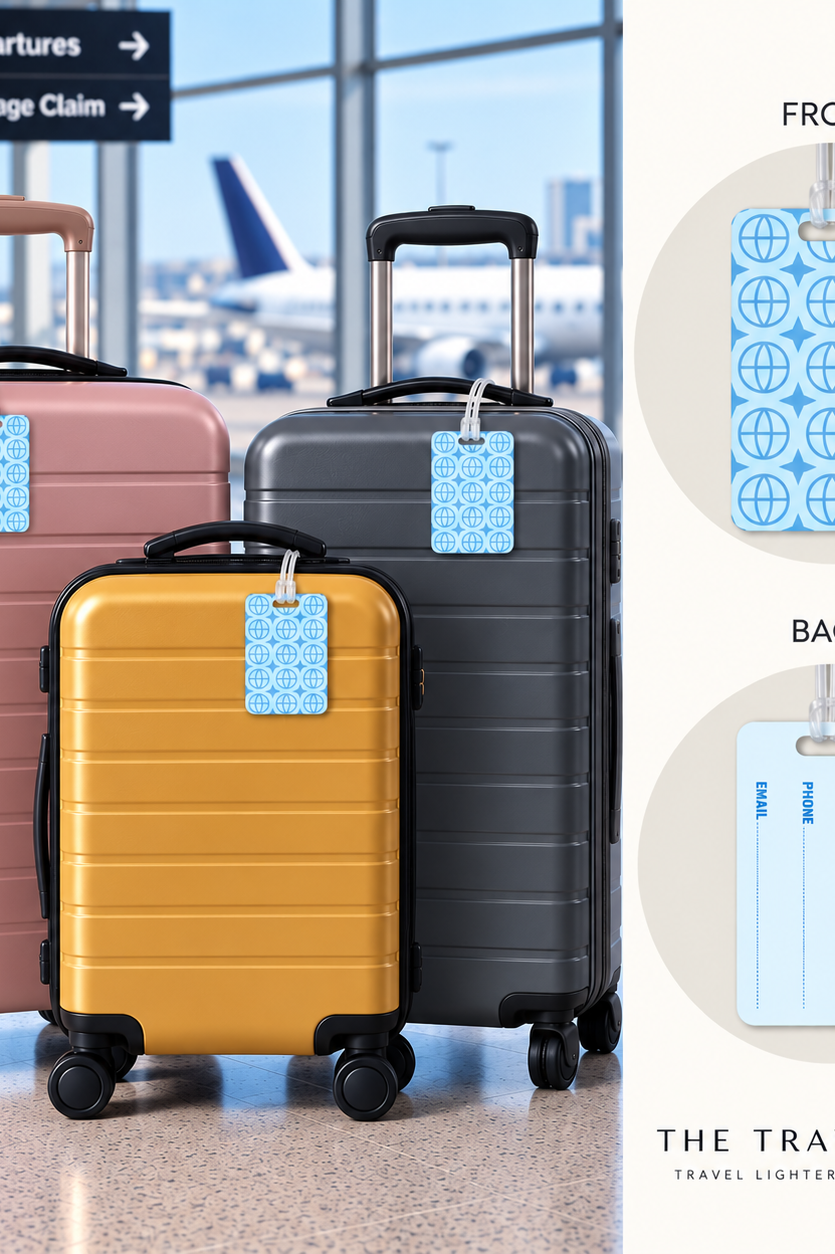 Three hard-shell carry-on suitcases in pink, mustard yellow, and dark gray are shown in an airport-like interior with a baggage claim sign and airplane window view. The image also includes close-up callouts of the luggage tag design, labeled FRONT and BACK, with the brand text 'THE TRAVEL BRA' at the bottom right.
