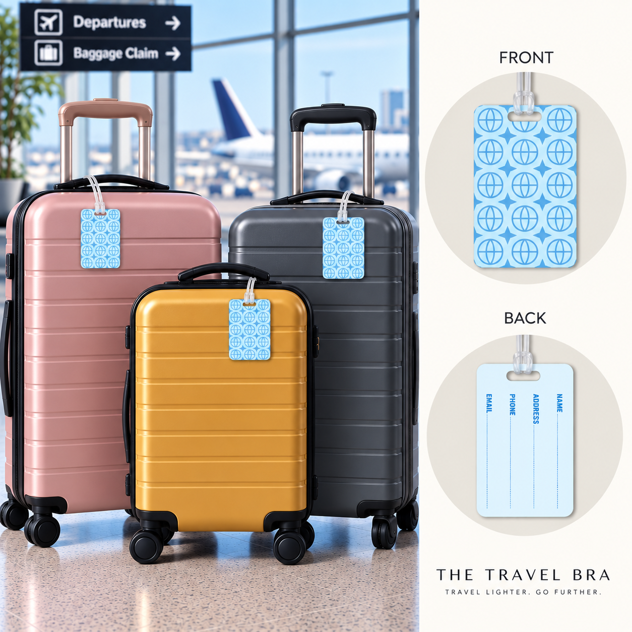 Three hard-shell carry-on suitcases in pink, mustard yellow, and dark gray are shown in an airport-like interior with a baggage claim sign and airplane window view. The image also includes close-up callouts of the luggage tag design, labeled FRONT and BACK, with the brand text 'THE TRAVEL BRA' at the bottom right.