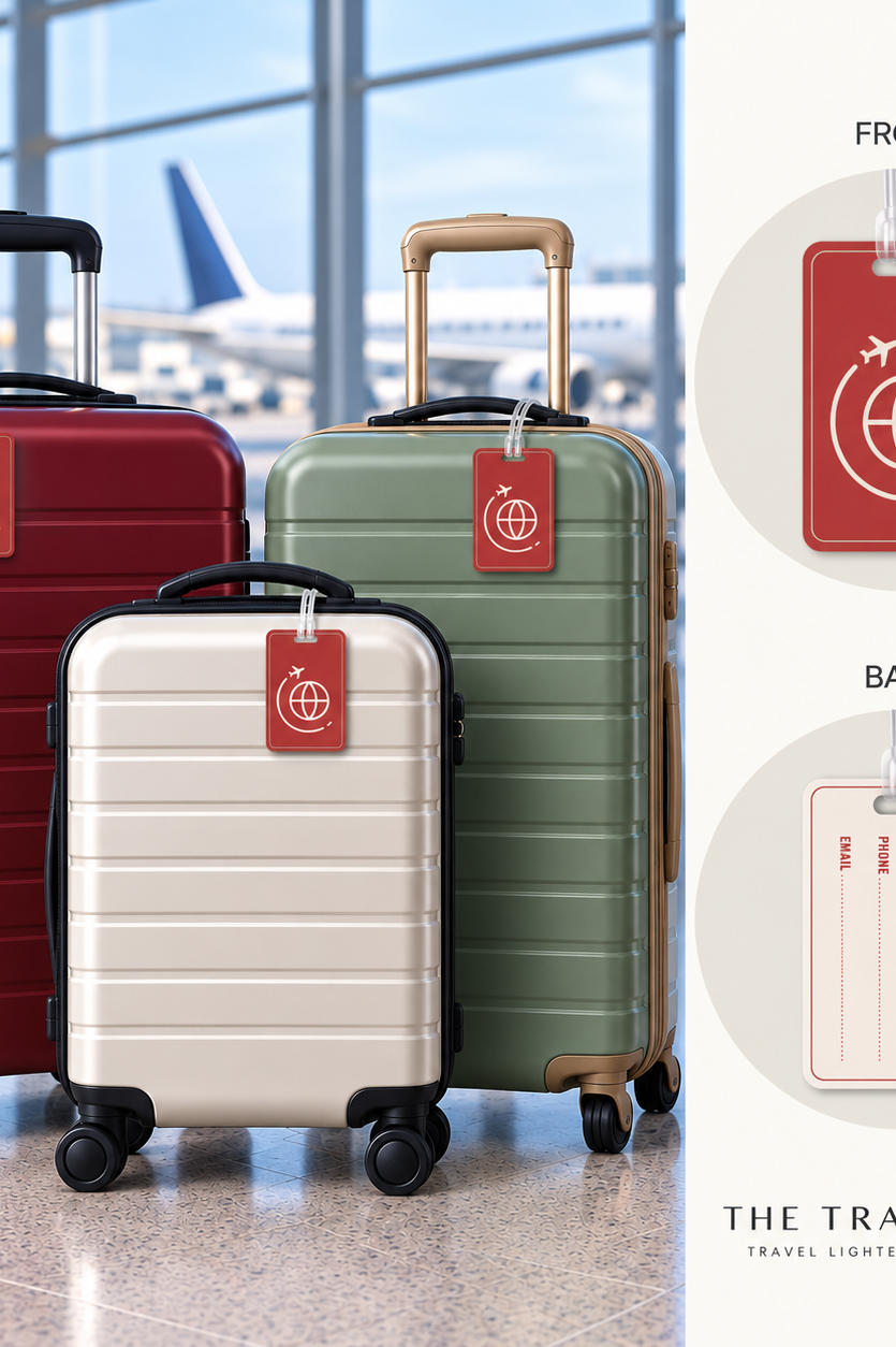 Three hard-shell rolling suitcases are shown in an airport-like interior: one red, one cream, and one sage green, each with a red luggage tag. Two circular callouts on the right show the front and back views of the tag.
