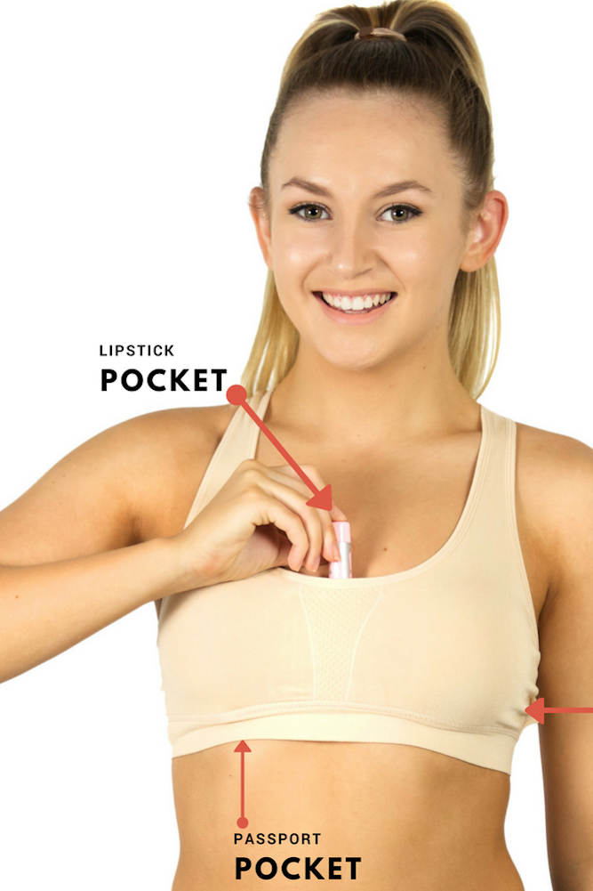The Travel Bra - Comfort Bamboo Travel Bra with Racerback. Including secret pockets to keep valuables safe. Store passports, cash, cards. Can be used with breast prosthesis. Available in nude, pink and black. Sizes extra small, small, medium, large, extra large, 2XL and 3XL.