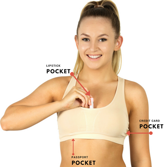 The Travel Bra - Comfort Bamboo Travel Bra with Racerback.  Including secret pockets to keep valuables safe.  Store passports, cash, cards.  Can be used with breast prosthesis.  Available in nude, pink and black. Sizes extra small, small, medium, large, extra large, 2XL and 3XL.