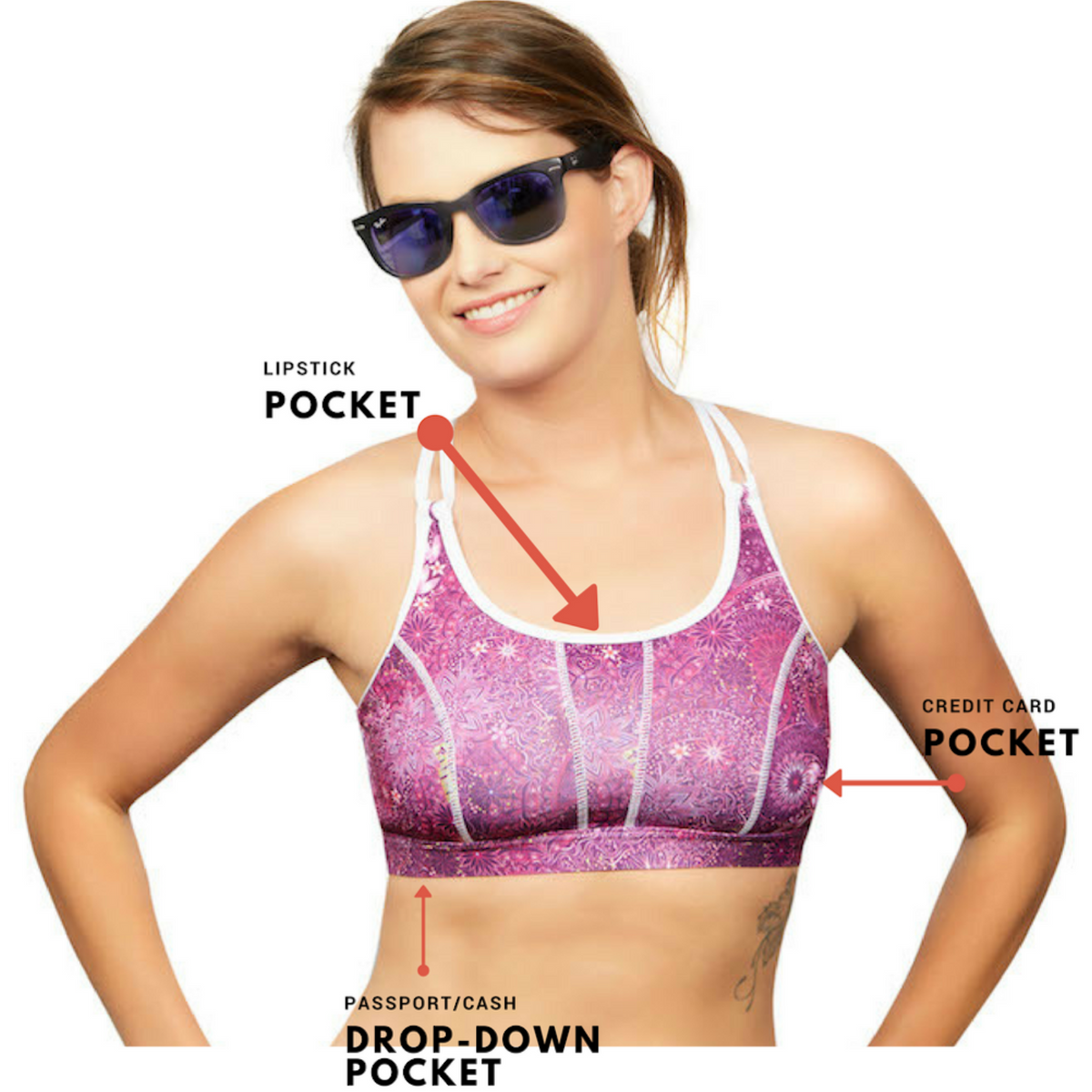 The travel Bra - Beach Travel Bra with secret pockets. Anti-Theft. Store your passport, cash, keys, jewellery, cards. Summer clearance. Available in sizes extra small, small, medium and large.