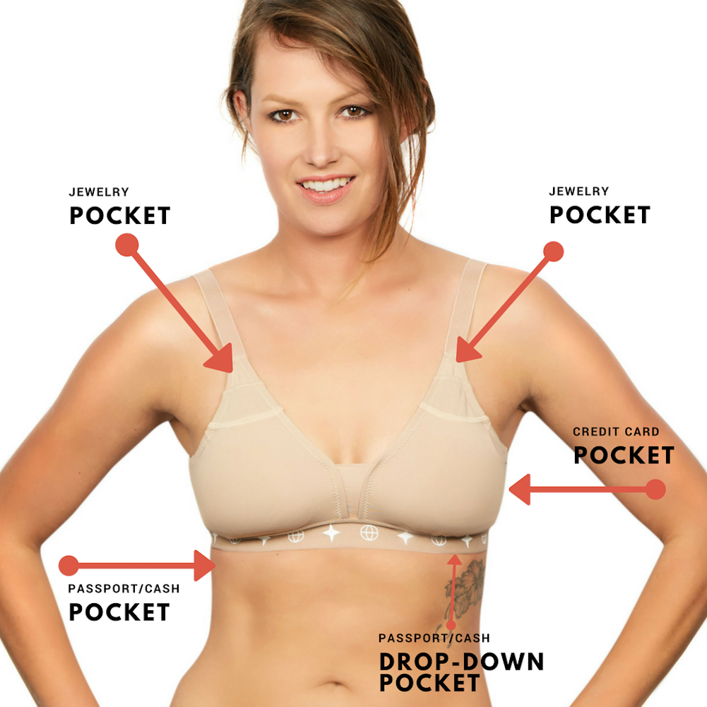 The Travel Bra for reassurance and travel safety. Hidden pockets. Pocket Bra.