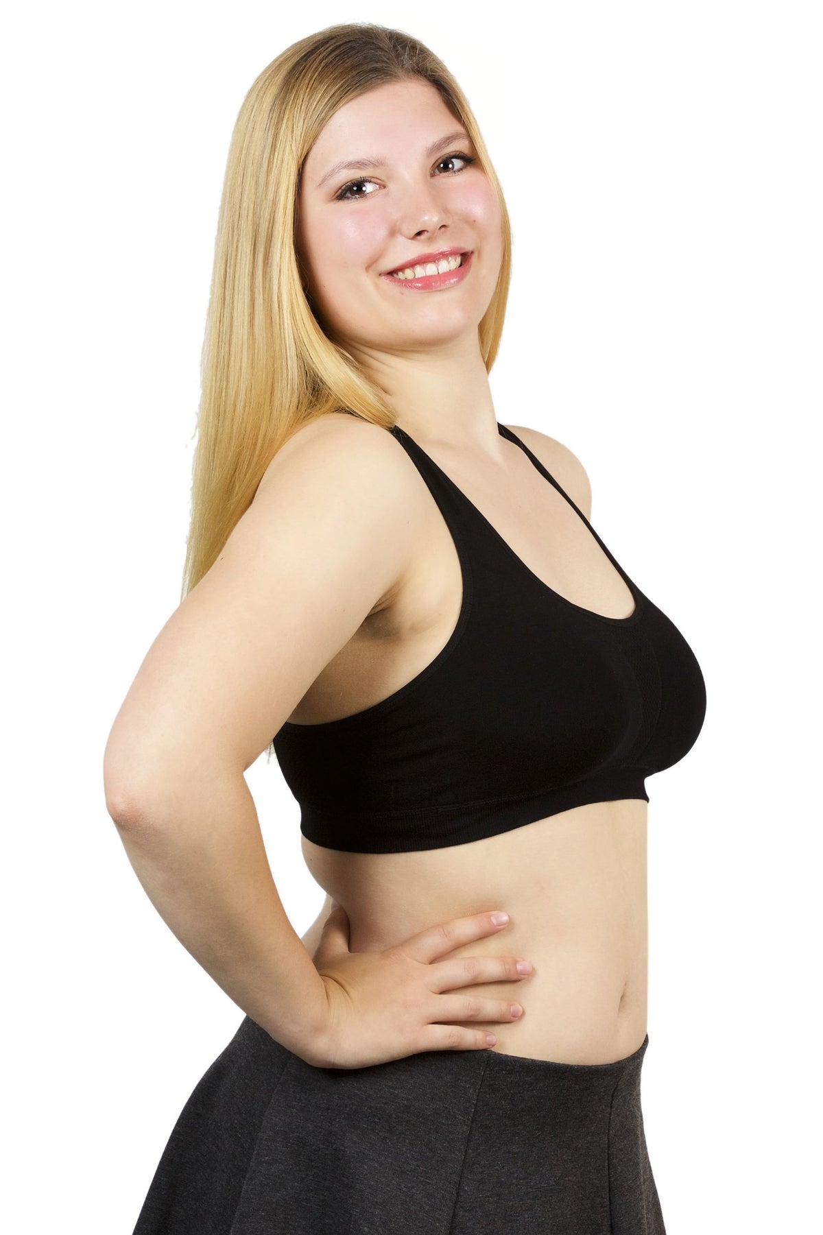 The Travel Bra - Comfort Bamboo Travel Bra with Racerback. Including secret pockets to keep valuables safe. Store passports, cash, cards. Can be used with breast prosthesis. Available in nude, pink and black. Sizes extra small, small, medium, large, extra large, 2XL and 3XL.