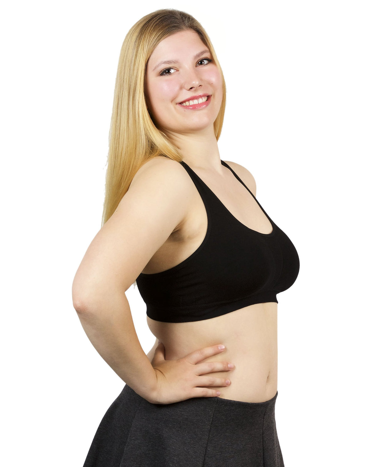 The Travel Bra - Comfort Bamboo Travel Bra with Racerback. Including secret pockets to keep valuables safe. Store passports, cash, cards. Can be used with breast prosthesis. Available in nude, pink and black. Sizes extra small, small, medium, large, extra large, 2XL and 3XL.