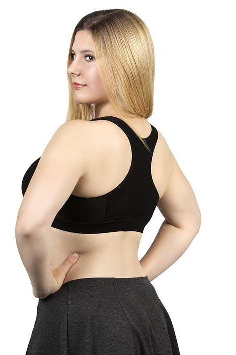 The Travel Bra - Comfort Bamboo Travel Bra with Racerback. Including secret pockets to keep valuables safe. Store passports, cash, cards. Can be used with breast prosthesis. Available in nude, pink and black. Sizes extra small, small, medium, large, extra large, 2XL and 3XL.