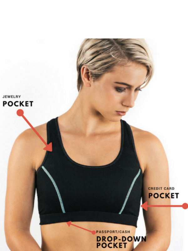 The Travel Bra - Original anti-theft clothing with hidden pockets for passports, jewellery, keys, cash and cards. Available in sizes Extra Small, Small, Medium, large, Extra Large, 2XL. Black with blue stitching.
