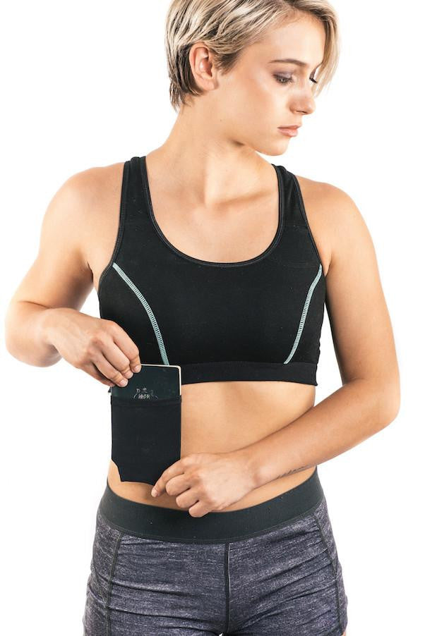 The Travel Bra - Original anti-theft clothing with hidden pockets for passports, jewellery, keys, cash and cards. Available in sizes Extra Small, Small, Medium, large, Extra Large, 2XL. Black with blue stitching.