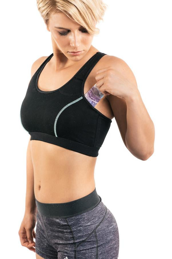 The Travel Bra - Original anti-theft clothing with hidden pockets for passports, jewellery, keys, cash and cards. Available in sizes Extra Small, Small, Medium, large, Extra Large, 2XL. Black with blue stitching.