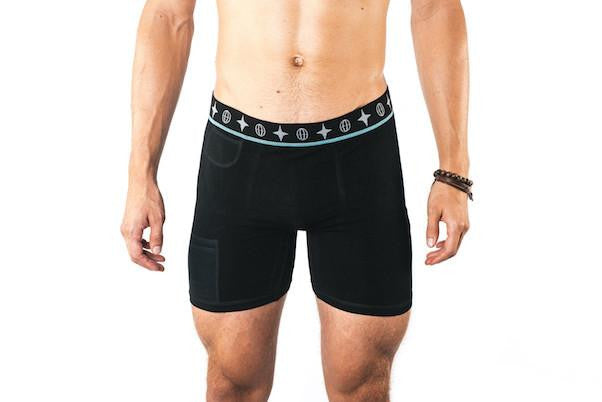 Men's Travel Trunks made from bamboo. Breathable, soft fabric, light, machine washable.  Available in sizes small, medium and large.  Colour black.