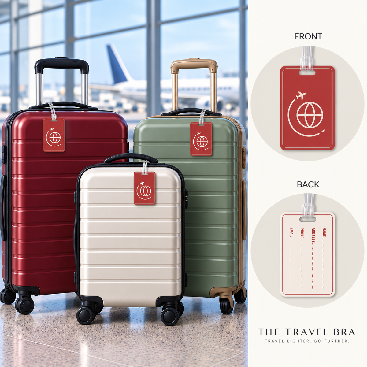 Three hard-shell rolling suitcases are shown in an airport-like interior: one red, one cream, and one sage green, each with a red luggage tag. Two circular callouts on the right show the front and back views of the tag.