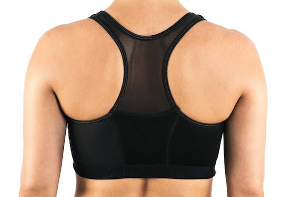The Travel Bra - Original anti-theft clothing with hidden pockets for passports, jewellery, keys, cash and cards.  Available in sizes Extra Small, Small, Medium, large, Extra Large, 2XL.  Black with blue stitching.