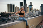 The Travel Bra - Original anti-theft clothing with hidden pockets for passports, jewellery, keys, cash and cards.  Available in sizes Extra Small, Small, Medium, large, Extra Large, 2XL.  Black with blue stitching.