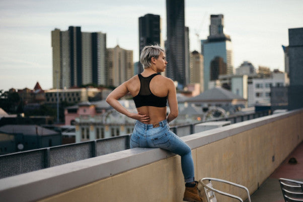 The Travel Bra - Original anti-theft clothing with hidden pockets for passports, jewellery, keys, cash and cards.  Available in sizes Extra Small, Small, Medium, large, Extra Large, 2XL.  Black with blue stitching.