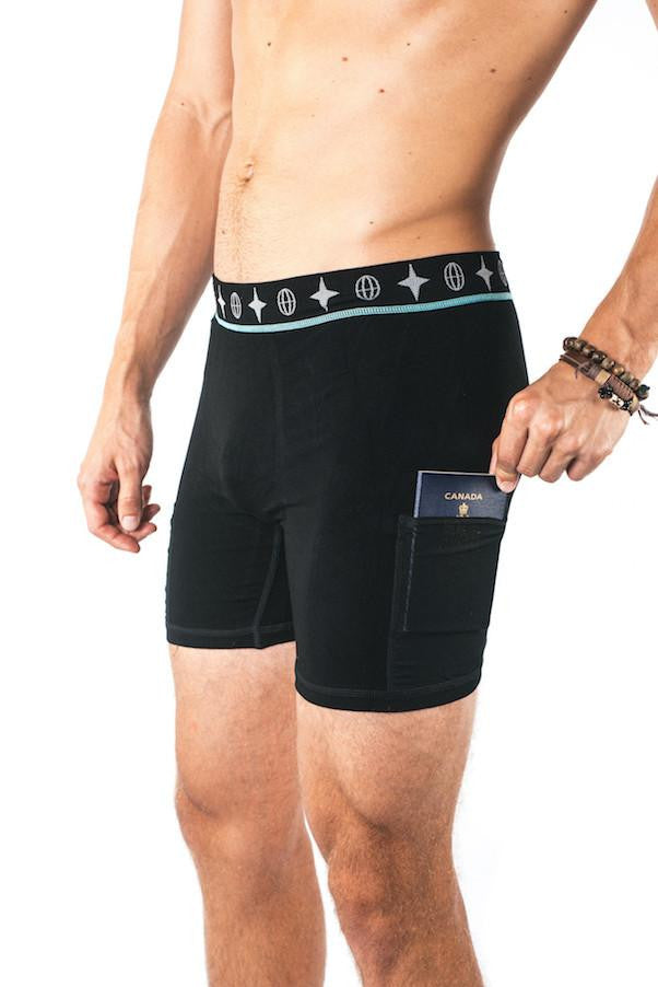 The Travel Bra - Men's Travel Trunks made from bamboo. Breathable, soft fabric, light, machine washable.  Available in sizes small, medium and large.  Colour black.