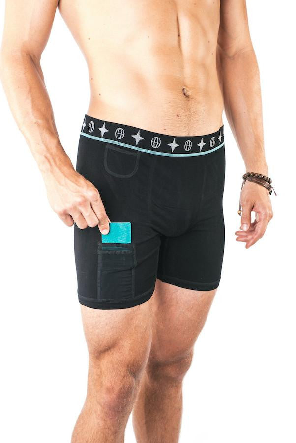 The Travel Bra - Men's Travel Trunks made from bamboo. Hidden pockets for passport, cash and cards.  Available in sizes small, medium and large.  Colour black.