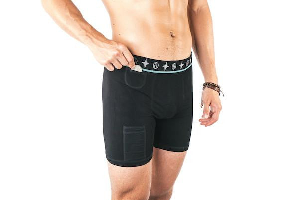 The Travel Bra - Men's Travel Trunks made from bamboo. Hidden pockets for passport, cash and cards.  Available in sizes small, medium and large.  Colour black.