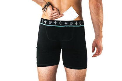 The Travel Bra - Men's Travel Trunks made from bamboo. Hidden pockets for passport, cash and cards.  Available in sizes small, medium and large.  Colour black.